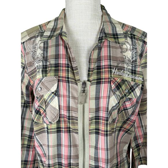 Harley-Davidson Plaid Half Sleeve Zip Up Shirt Women's XL Embroidered Logos Tan - Picture 2 of 10